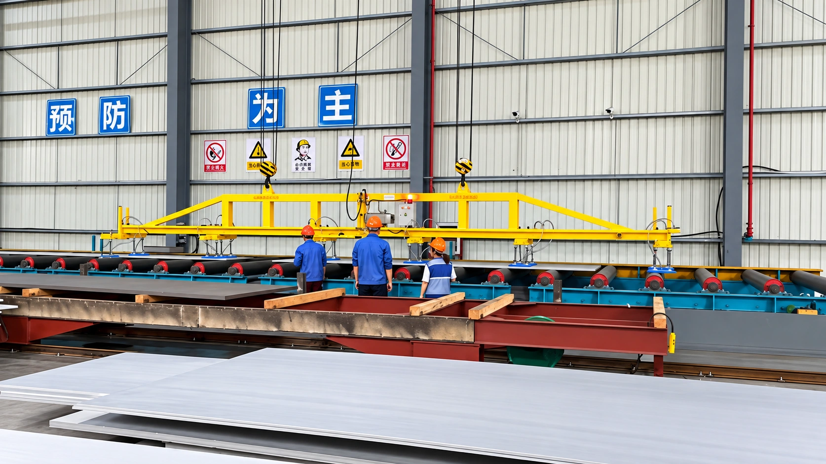 WOLIFT AC vacuum lifter handling a 6 metre, 2 tonne carbon steel plate with six active suction cups.