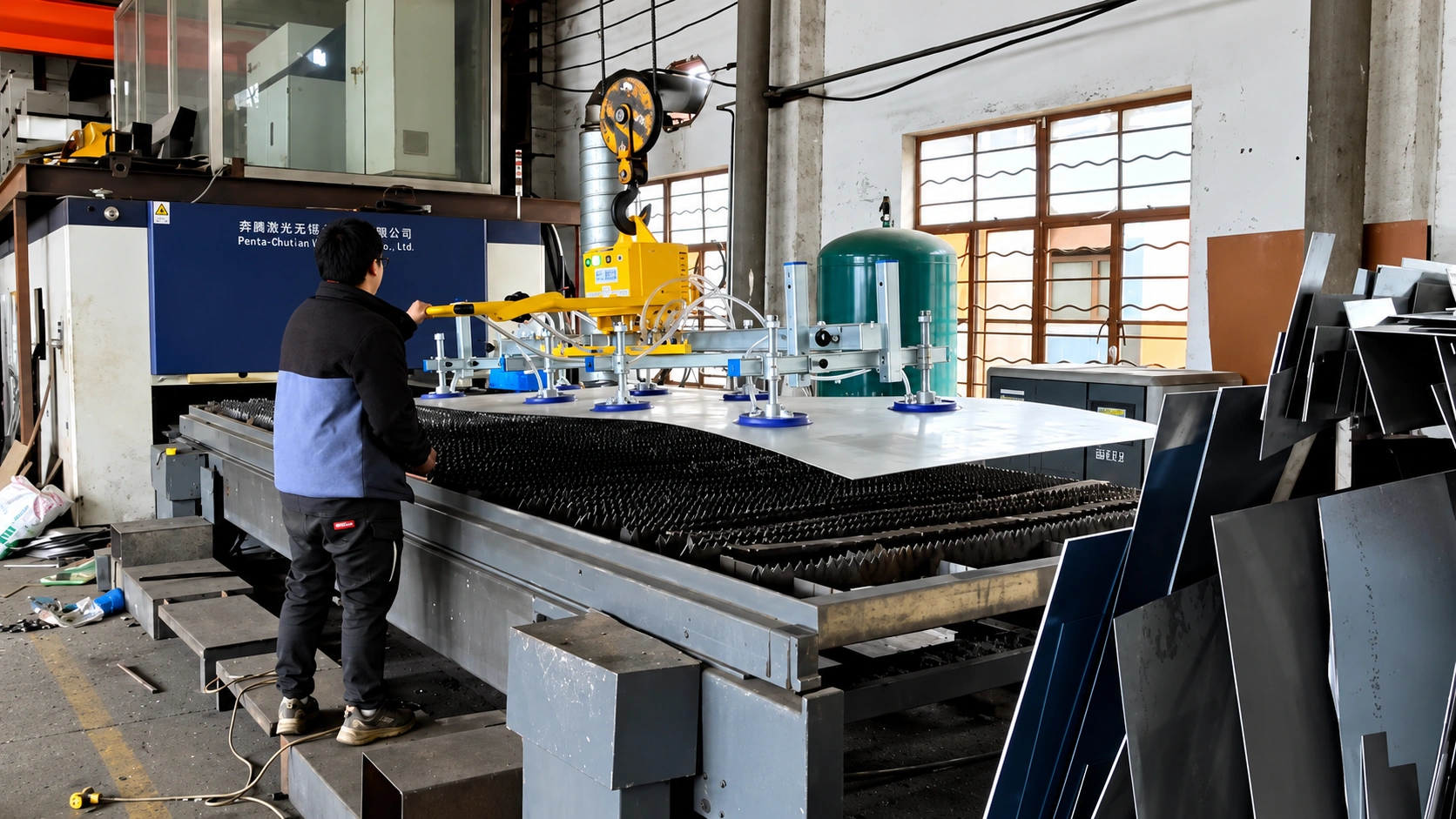 WOLIFT battery vacuum lifter positioning a sheet on a 4020 laser cutting table in Latvia.