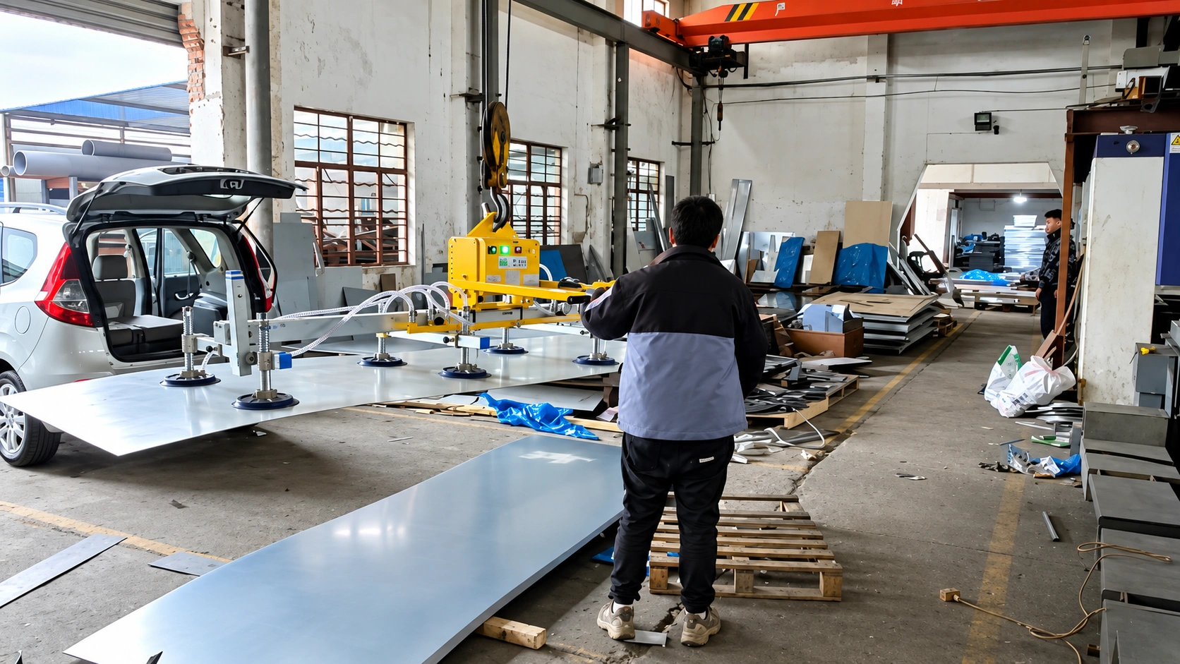 WOLIFT battery vacuum lifter gripping a stainless steel sheet for laser cutting loading in Latvia