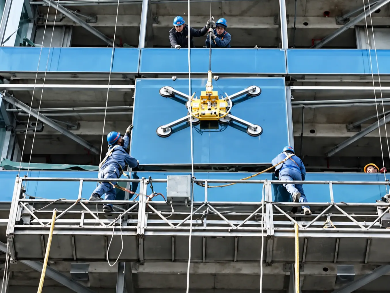WOLIFT glass vacuum lifter holding curtain wall glass on a high-rise construction site