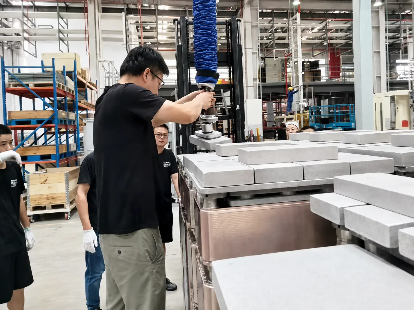 WOLIFT pneumatic vacuum tube lifter handling high-temperature cement bricks after demolding