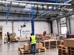 WOLIFT overhead bridge crane covering carton packing table and palletising positions
